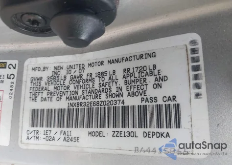 2008 Toyota Corolla Ce из США, поврежденный, VIN 1NXBR32E68Z020374